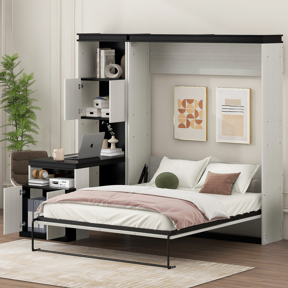 Full Size Murphy Bed With Desk And Storage Shelves And Cabinets, Black White Box Spring Not Required Full Black White Solid Wood Mdf