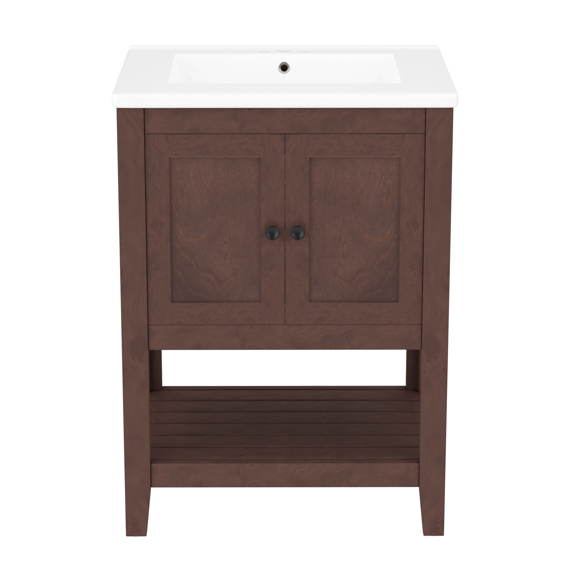 Video 24" Brown Modern Sleek Bathroom Vanity Elegant Ceramic Sink With Solid Wood Frame Open Style Shelf Brown Solid Wood Mdf