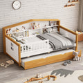 Twin Size House Shape Daybed With Trundle And Bookcase Headboard Wooden Bed For Girls Boys Teens, No Box Spring Needed, Walnut And White Box Spring Not Required Twin White Walnut Wood Bedroom Cute Pine Bed Frame Wood