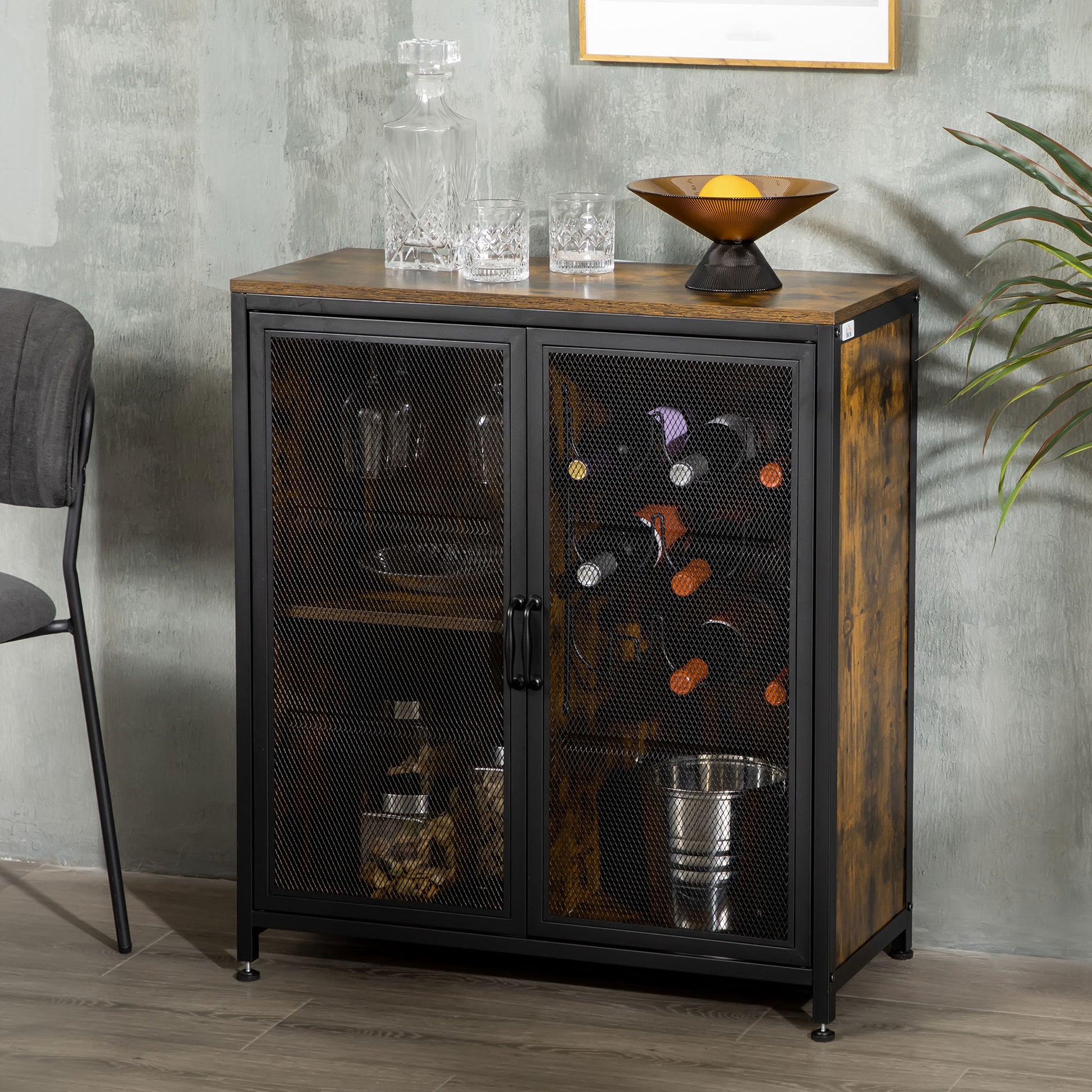 Homcom Industrial Wine Cabinet With 9 Bottle Wine Rack, Retro Liquor Cabinet With Glass Holders, Mesh Doors, And Storage Shelf For Home Bar, Dining Room, Rustic Brown Rustic Brown Particle Board