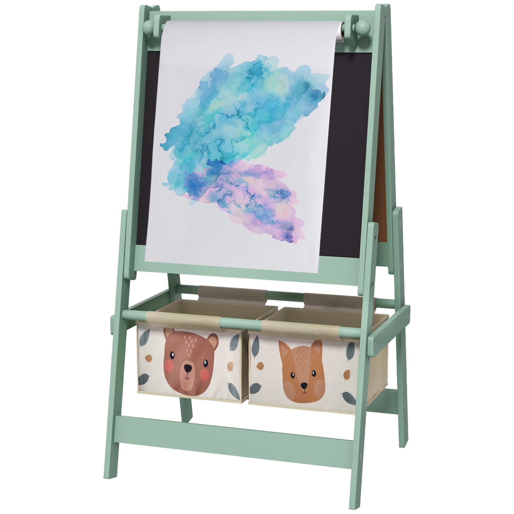 Qaba Art Easel For Kids With Paper Roll, 3 In 1 Toddler Painting Easel With Blackboard, Whiteboard, Storage Baskets, Green Green Mdf