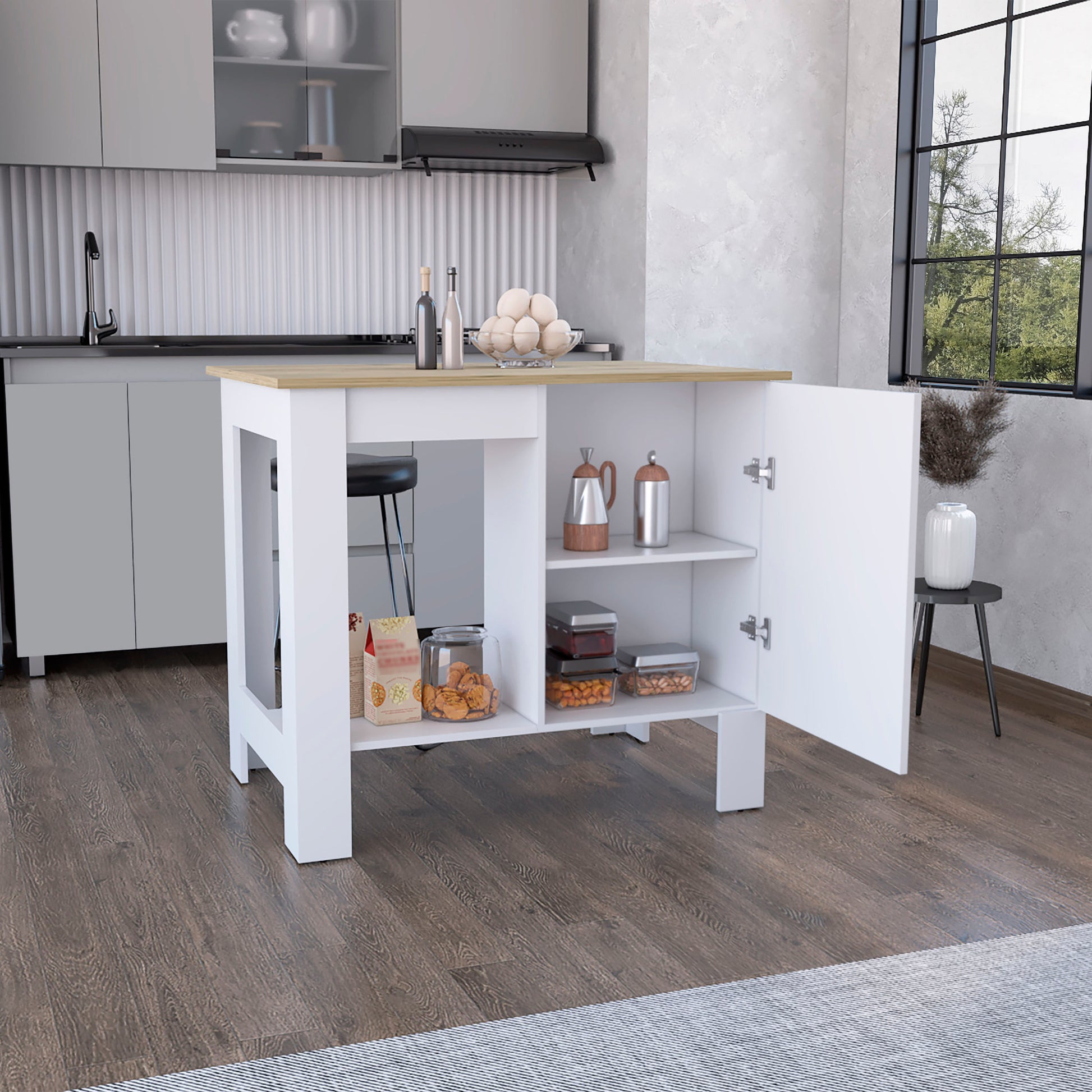 Atenea Kitchen Island, Single Door Cabinet, Shelf White Macadamia White Particle Board