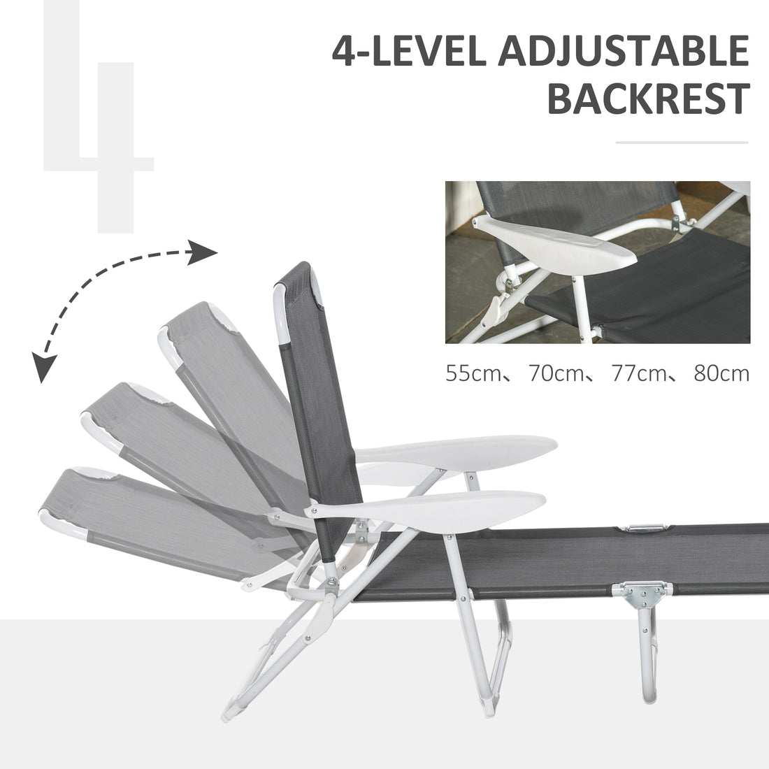 Outsunny Folding Chaise Lounge, Outdoor Sun Tanning Chair, 4 Position Reclining Back, Armrests, Metal Frame And Mesh Fabric For Beach, Yard, Patio, Dark Gray Dark Grey Metal