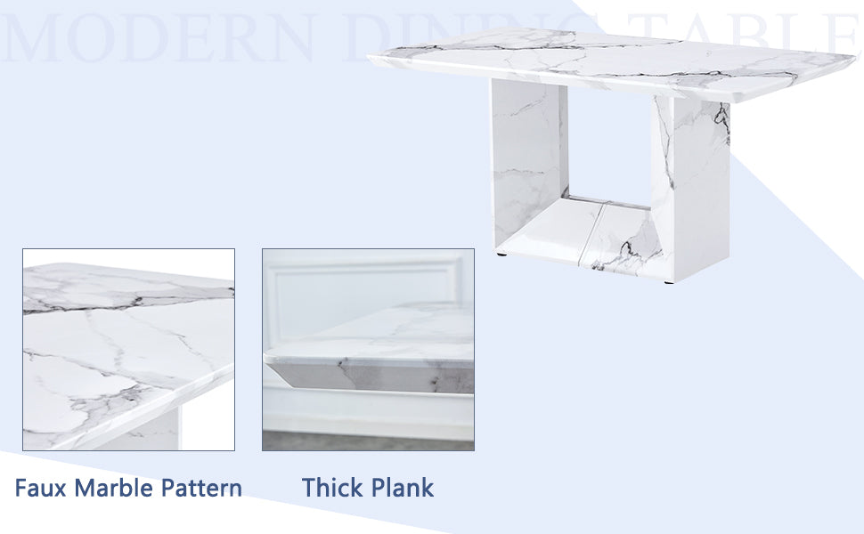 Table And Chair Set.63"X35.4" White Marble Patterned Mdf Dining Table Set With 4 Armless White Pu Chairs.Showcasing A Modern And Stylish Look. White Seats 4 Mdf Metal