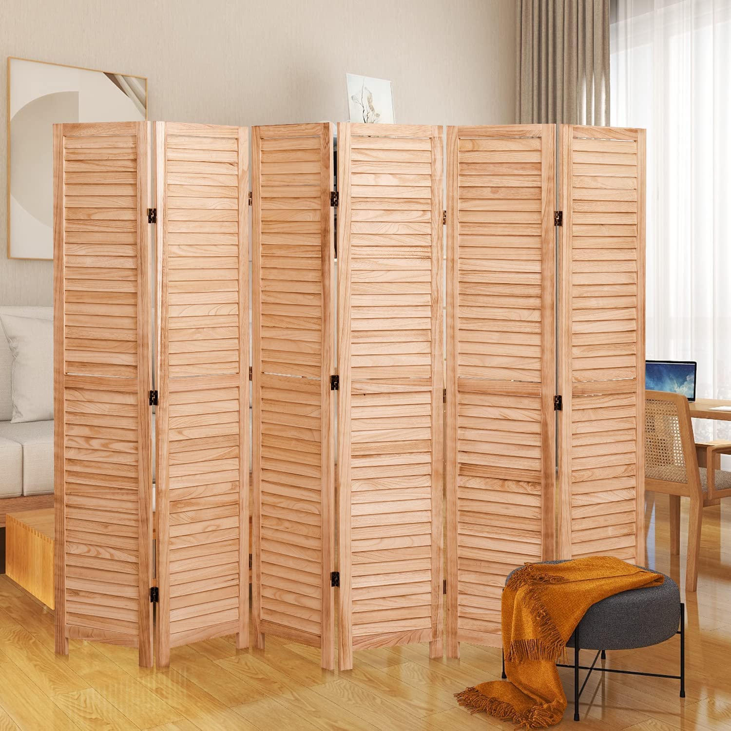 82.8'' W X 65'' H 6 Panel Solid Wood Folding Room Divider, Natural Natural Solid Wood