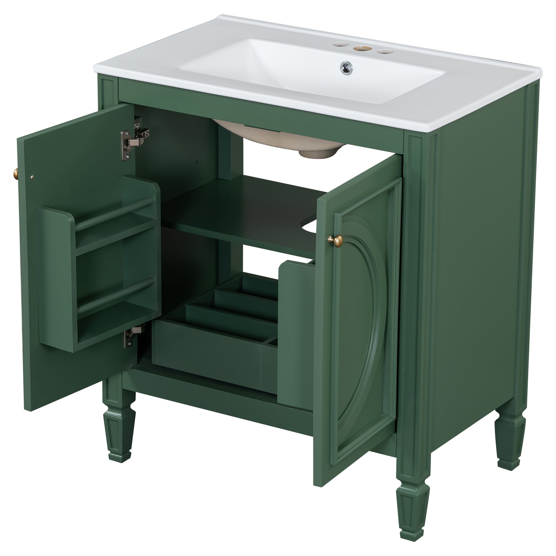 30" Bathroom Vanity With Sink, Two Doors With Shelf, Soft Close Door Hinges, Vintage Style, Green Green Ceramic Mdf,Rubber Wood