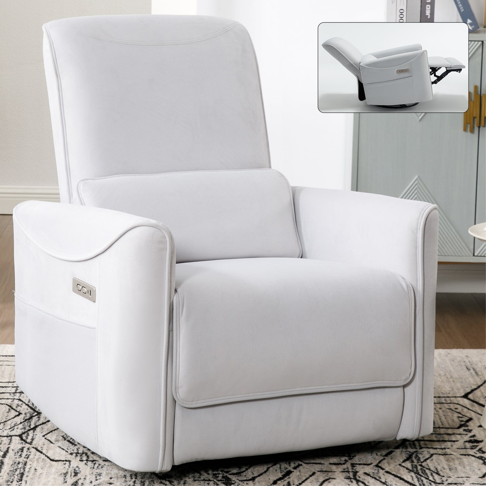 Beige Swivel And Rocker Power Recliner Chair, Heavy Duty Motion Mechanism With Usb And Type C Ports Beige Polyester Power Push Button Metal Primary Living Space Medium Firm Tight Back Heavy Duty American Design Pine Square Arms Fiber Foam And Polyester