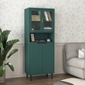 Tall Storage Show Cabinet With 2 Glass Display Door & 2 Doors, Tall Kitchen Pantry Cabinet With Gold Handles, Modern Cabinet Freestanding For Bathroom, Dining Living Room, Green Green Mdf