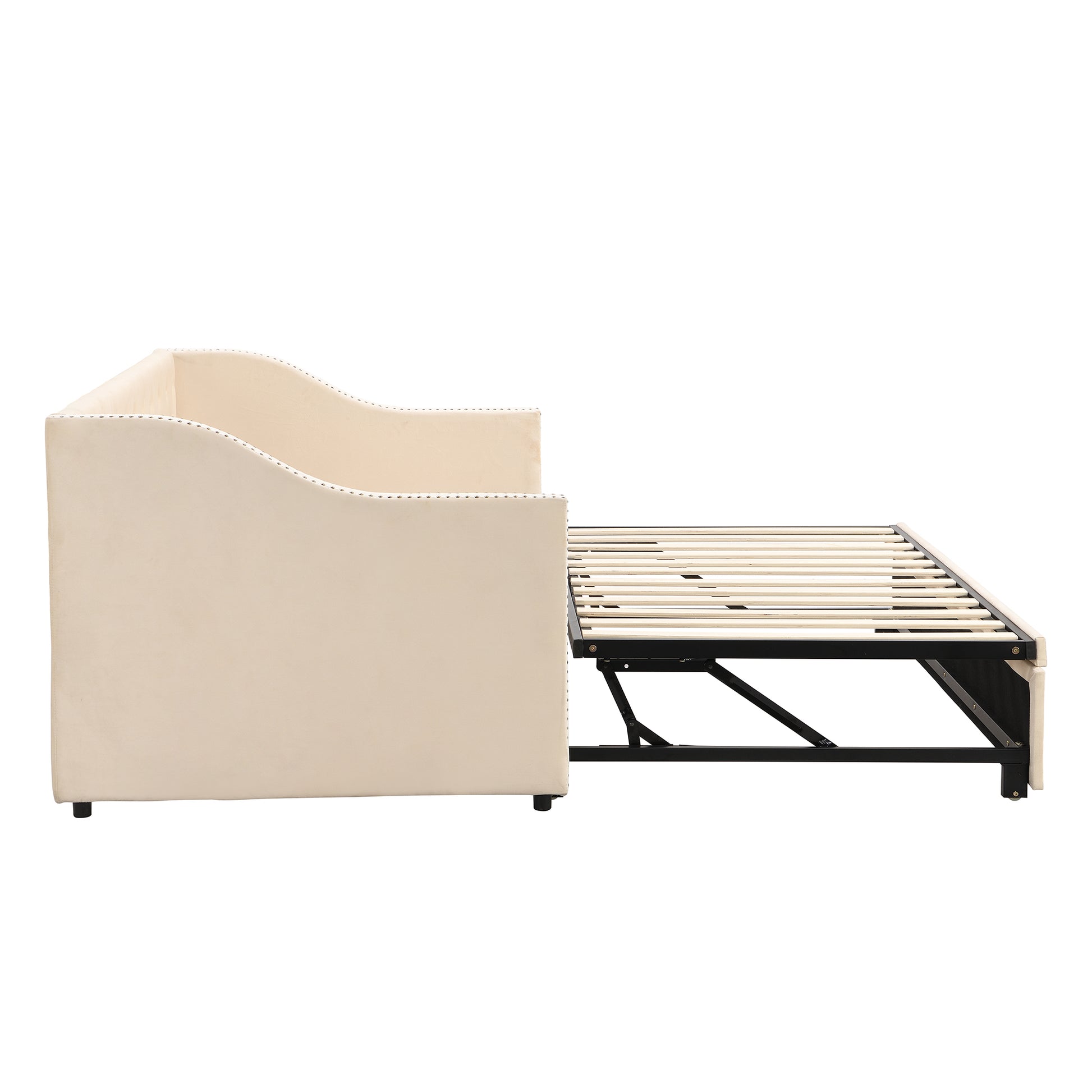 Twin Size Upholstered Daybed With Pop Up Trundle, Beige Twin Beige Upholstered