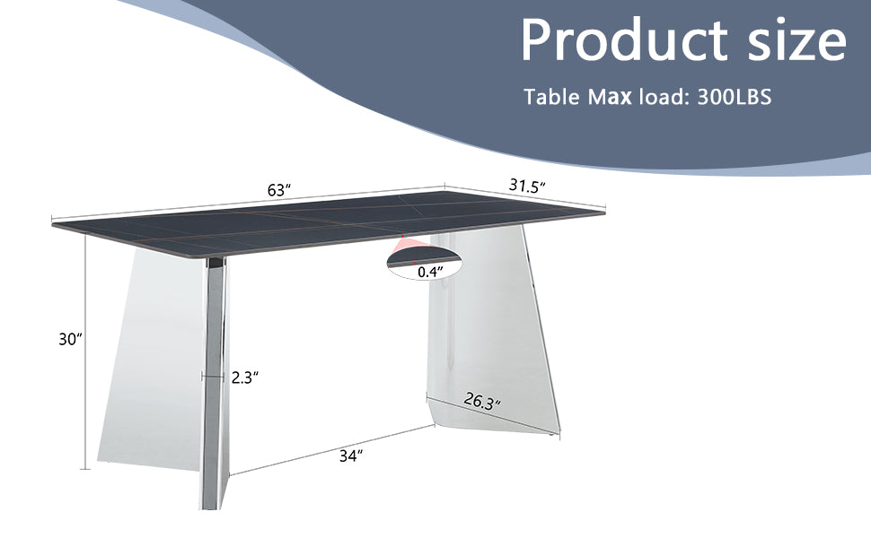 63"X31.5X30" Black Marble Patterned Slab Dining Table With Stainless Steel Butterfly Legs.The Tabletop Is Designed To Be Scratch And Heat Resistant.Slabs Tabletop,Stainless Steels Legs. Black,Silver