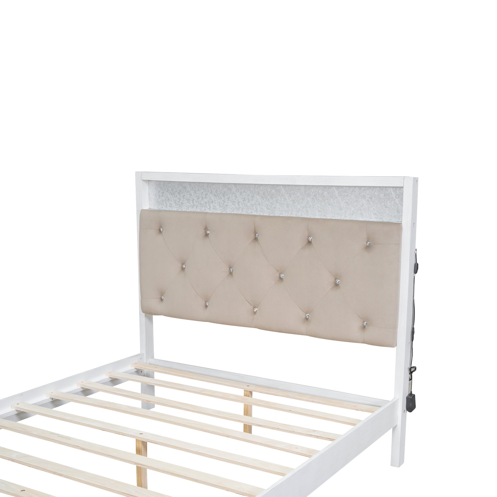 Wood Full Size Platform Bed With Upholstered Headboard And Led And 2 Drawers, Antique White Box Spring Not Required Full Antique White Wood Bed Frame Solid Wood Mdf