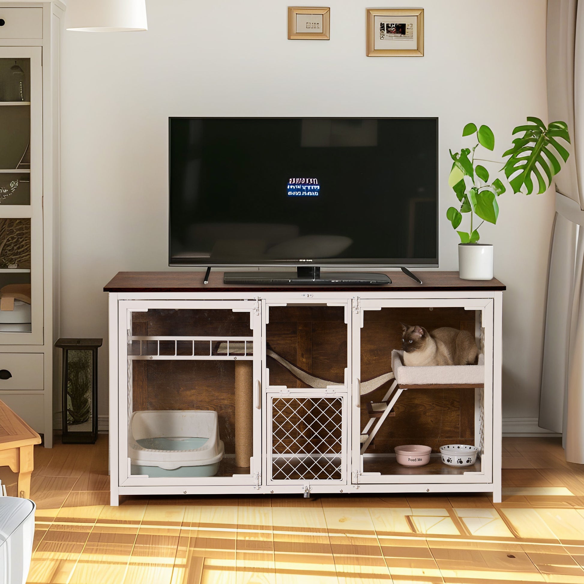 Wooden Cat House, Cat Villa, Cat Cages Indoor, Tv Stand With Cat House White Vintage American Design Cat Particle Board