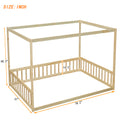 Full Size Canopy Frame Floor Bed With Fence, Guardrails,Natural Full Natural American Design Pine