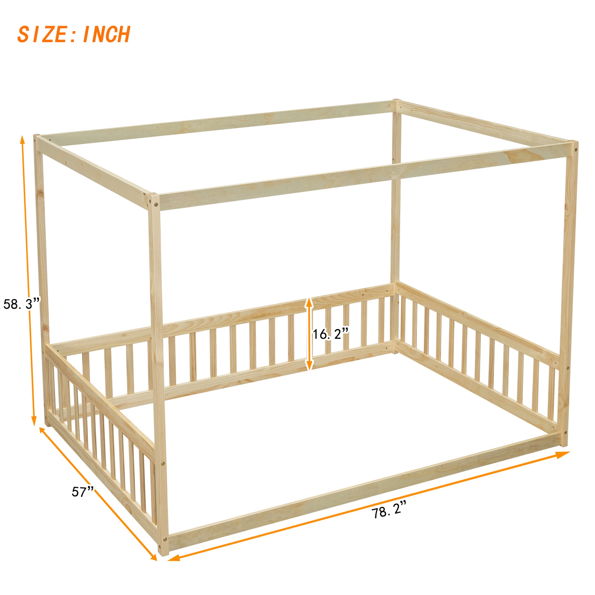 Full Size Canopy Frame Floor Bed With Fence, Guardrails,Natural Full Natural American Design Pine