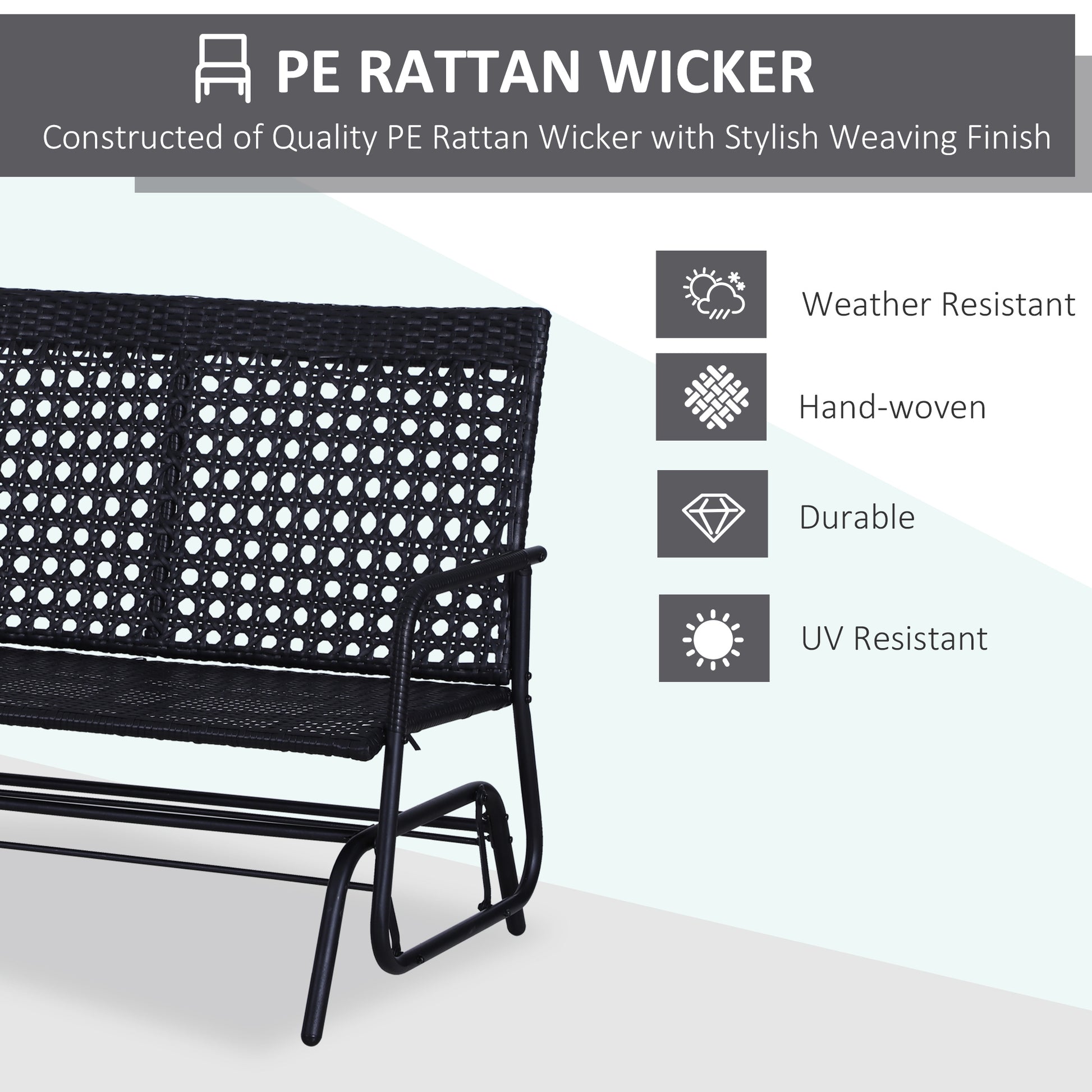 Outsunny Patio 2 Person Wicker Glider Bench Rocking Chair, Outdoor All Hand Woven Pe Rattan Loveseat W Ergonomic Design Rocking System For Patio, Garden, Porch, Lawn, Black Black Steel