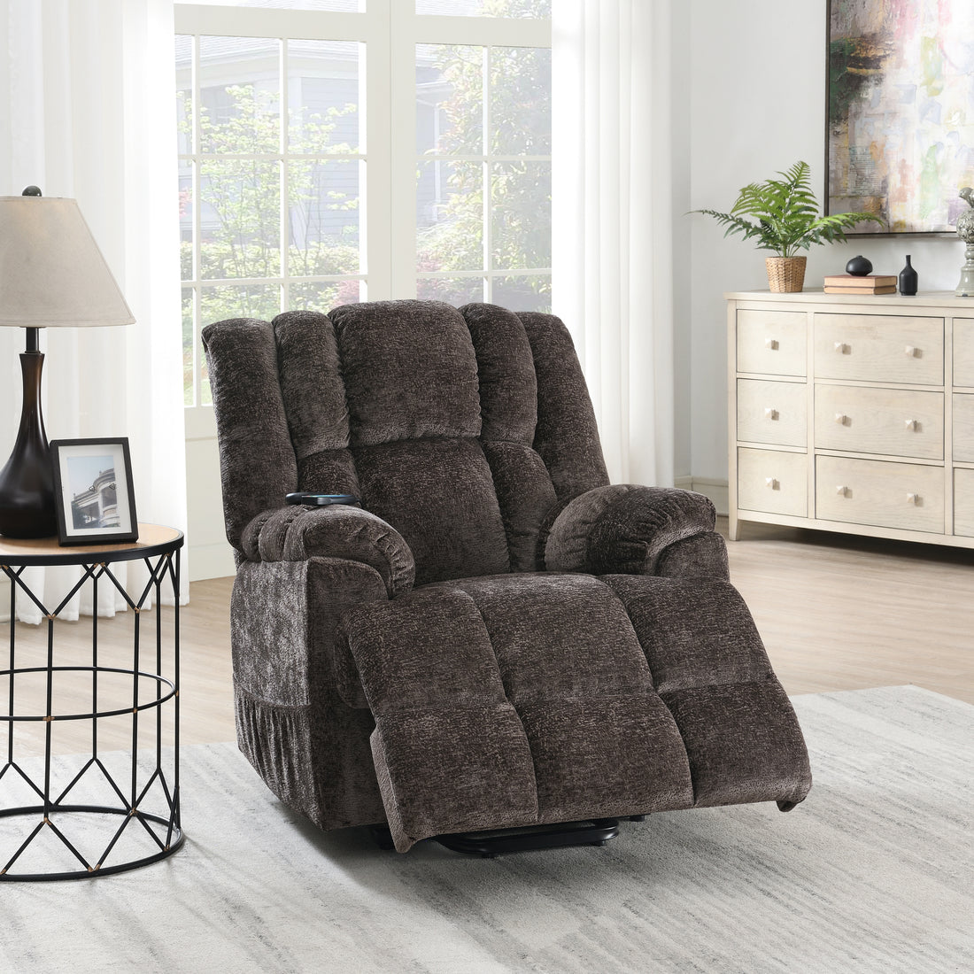 Brown Power Lift Recliner With Heating And Massage Brown Chenille Power Remote Metal Primary Living Space Tight Back Push Button Pillow Top Arms Chenille