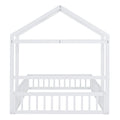 Wooden Floor Bed With Fence Railings And Detachable House Shape Headboard, Full Size Bed With Kids Dress Up Rack, Kids Montessori Style Playhouse Frame For Girls Boys, White Full White Wood