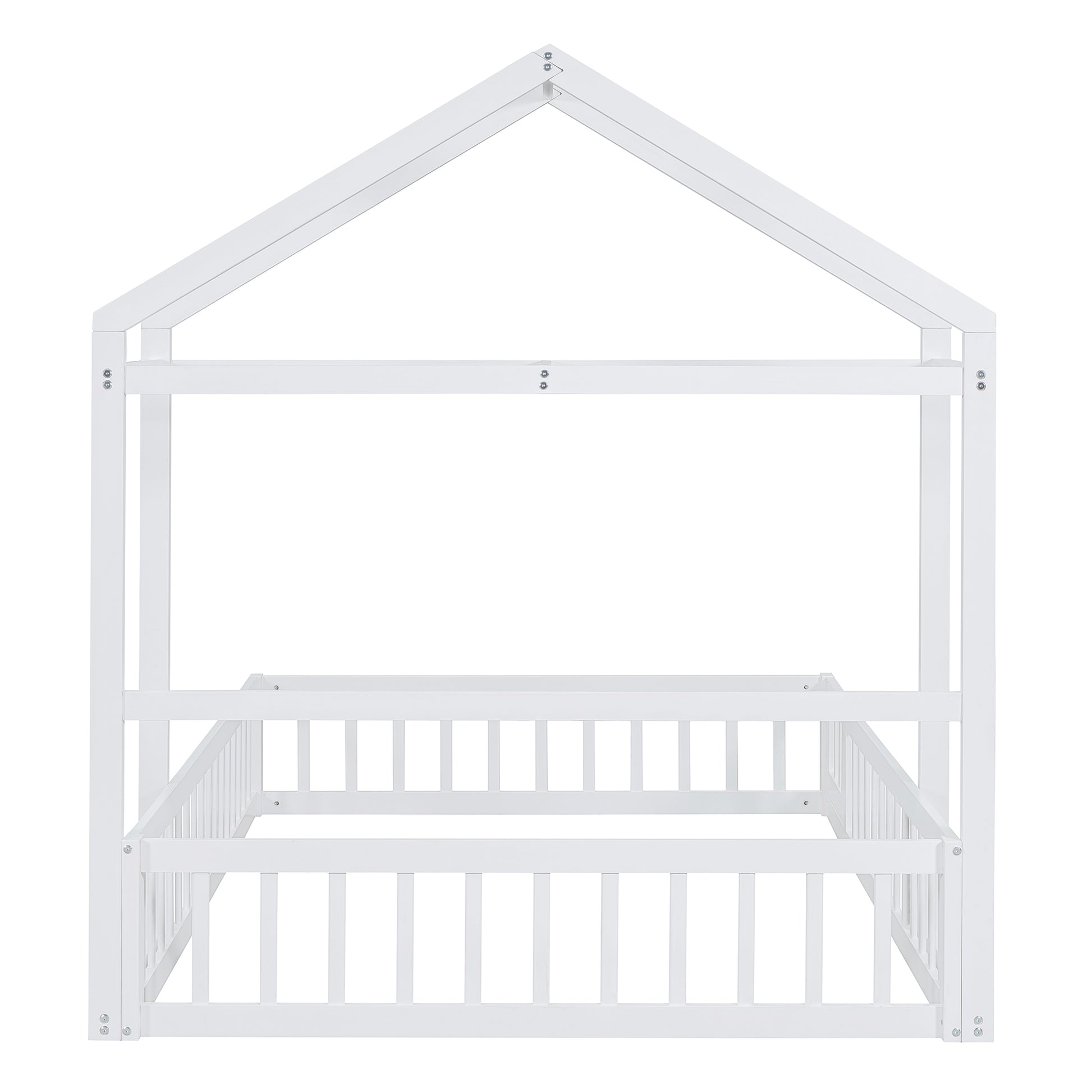 Wooden Floor Bed With Fence Railings And Detachable House Shape Headboard, Full Size Bed With Kids Dress Up Rack, Kids Montessori Style Playhouse Frame For Girls Boys, White Full White Wood