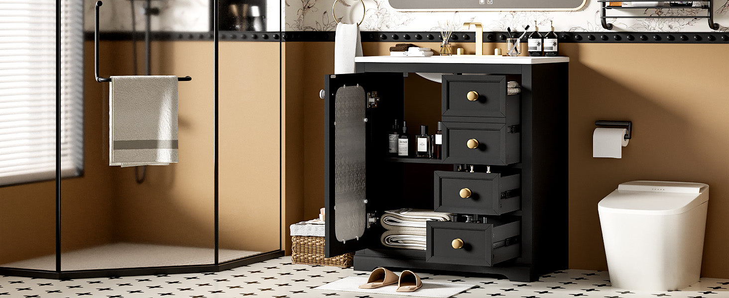 30 Inch Bathroom Vanity With A Soft Close Glass Door, Adjustable Shelves, And Three Drawers Black Bathroom Solid Wood Mdf Glass