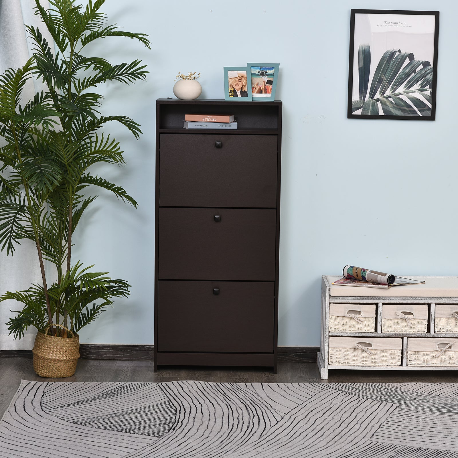 Homcom Slim Shoe Cabinet, Trendy Shoe Storage Cabinet With 3 Large Fold Out Drawers & A Spacious Top Surface For Small Items, Espresso Espresso Particle Board