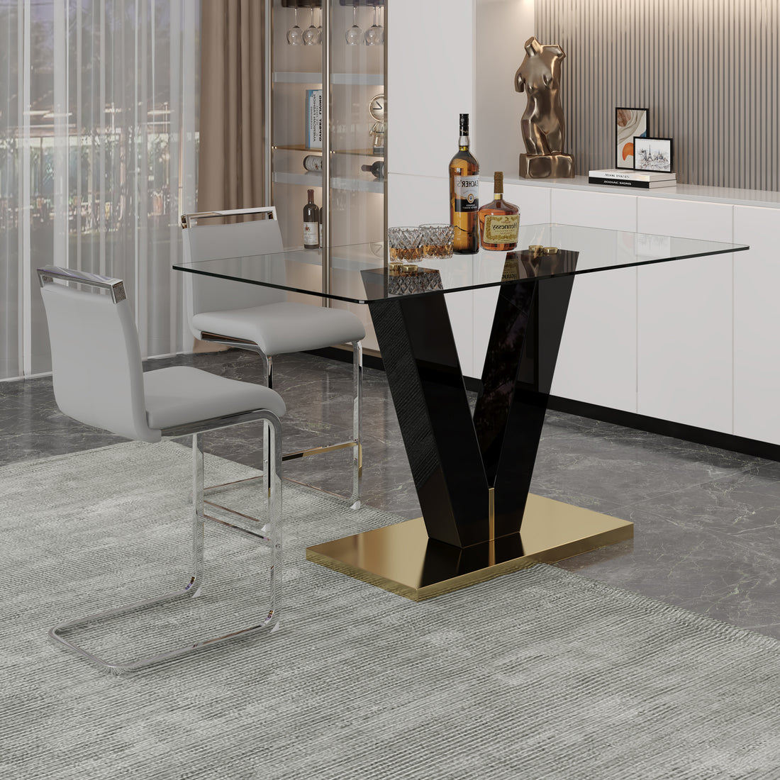Table And Chair Set. A Rectangular Glass Dining Table With A 0.4 Inch Tempered Glass Tabletop And Mdf Board V Shaped Bracket, Paired With 2 Chairs Consisting Of Pu Seat Cushions And Silver Metal Legs. Black Gray Seats 2 Tempered Glass