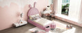 Twin Size Upholstered Rabbit Shape Bed With 2 Storage Stools, Velvet Platform Bed With Cartoon Ears Shaped Headboard, Pink Twin Pink Wood