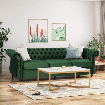 Durable 3 Seater Emerald Velvet Sofa, Combining Luxurious Comfort With Timeless Design, Perfect For Elegant Living Spaces, Featuring Plush Upholstery For Relaxation And A Touch Of Sophisticated Style Emerald Velvet Wood Primary Living Space Medium Soft