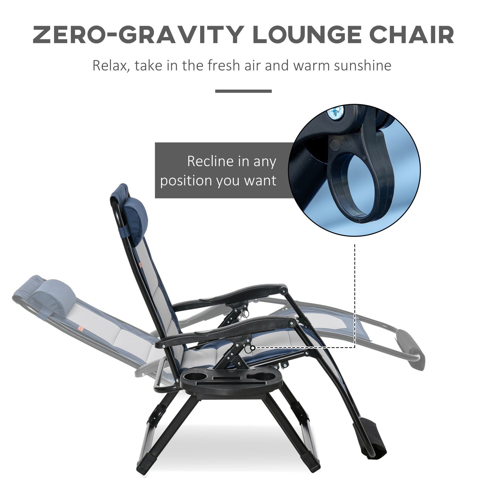 Outsunny Foldable Outdoor Lounge Chair With Footrest, Oversized Padded Zero Gravity Lounge Chair With Headrest, Side Tray, Cup Holders, Armrests For Camping, Lawn, Garden, Blue Blue Steel