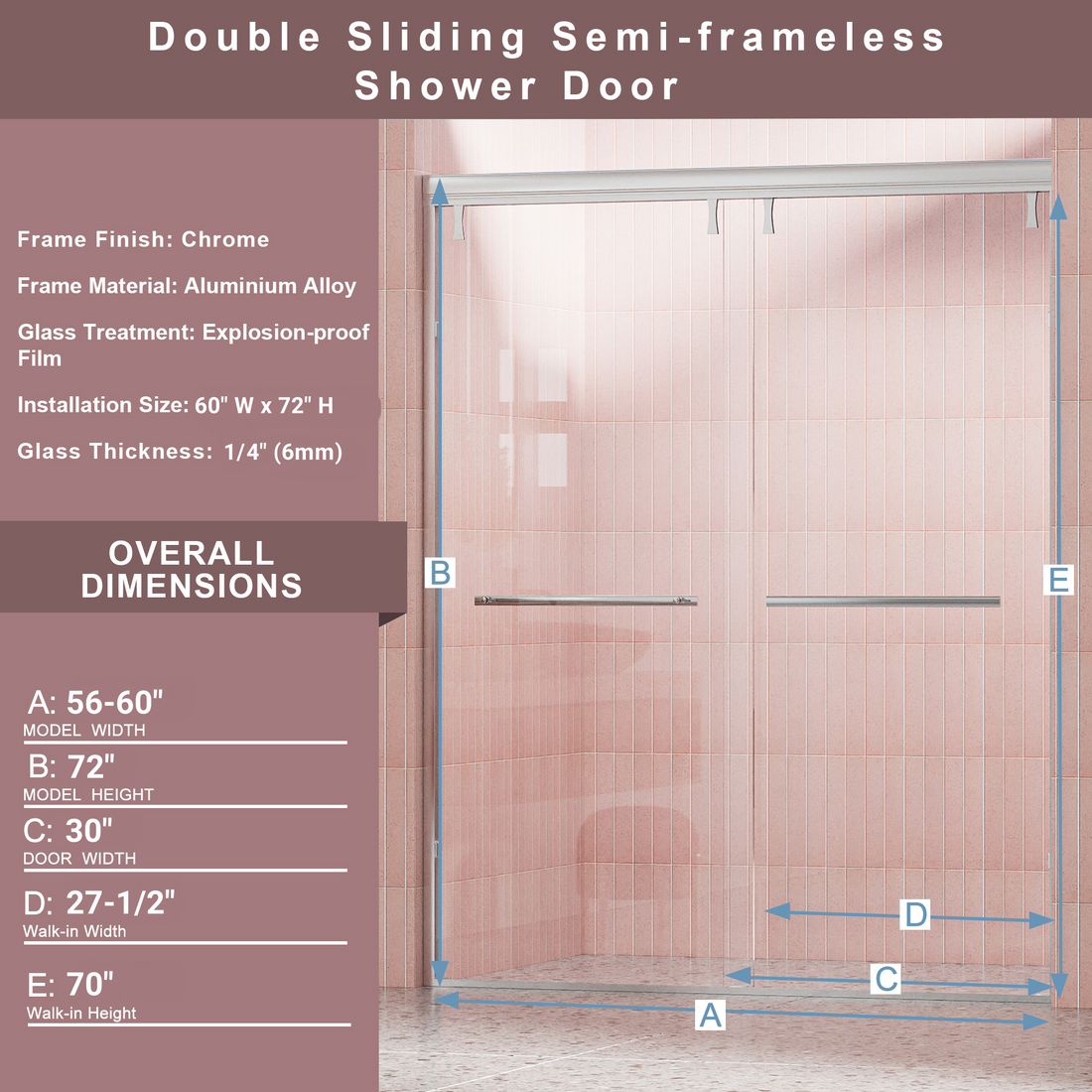 56 60 In. W X 72 In. H Semi Frameless Shower Door, Double Sliding Shower Door, 1 4" 6Mm Clear Tempered Glass Shower Door With Explosion Proof Film, Chrome 24D212S 60C Chrome Tempered Glass