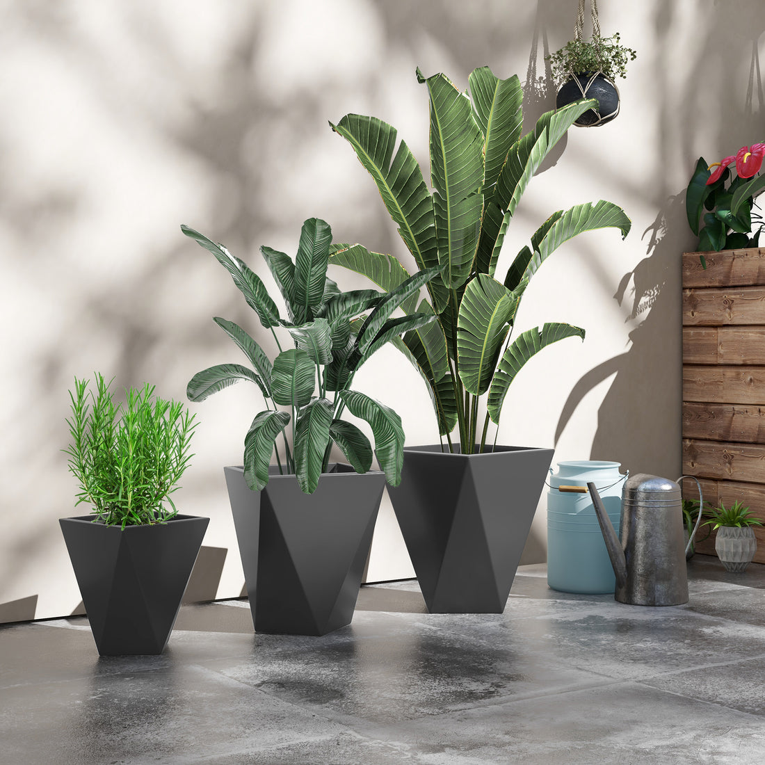 Outsunny Set Of 3 Tall Planters, 18", 15.25", 11.75", Mgo Indoor Outdoor Planters With Drainage Holes, Stackable Flower Pots For Garden, Patio, Balcony, Front Door, Gray Gray Magnesium Oxide