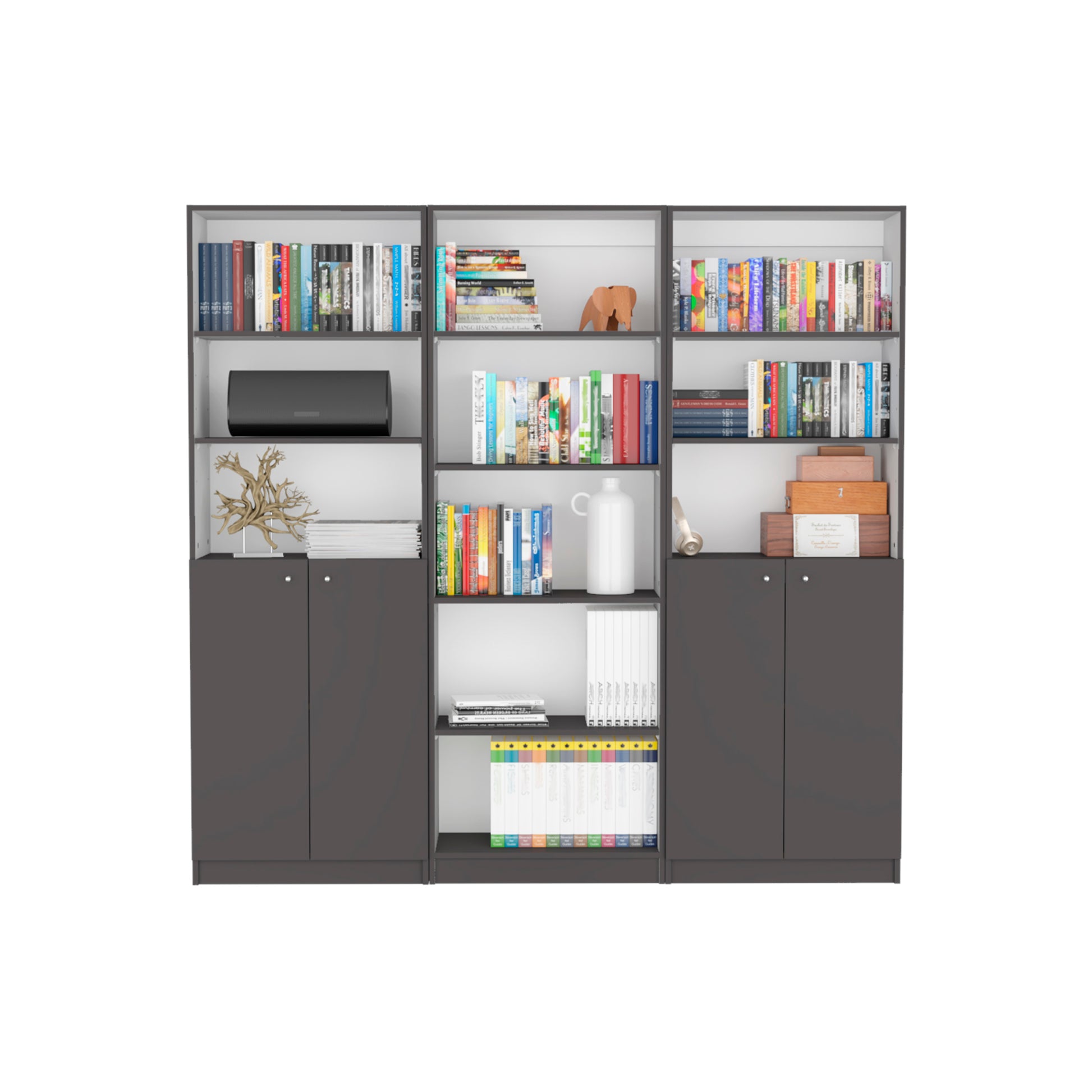 Arbor 3 Piece Home Bookcase Set, 74" Wide With 11 Shelves And Two Double Door Cabinetliving Room Set Matt Gray White Freestanding 5 Or More Shelves Multicolor Open Storage Space Modern Particle Board