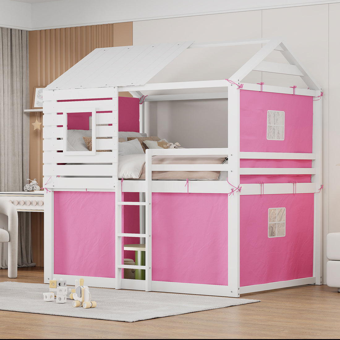 Full Size Bunk Wood House Bed With Tent, Pink White Full Pink White Solid Wood Mdf