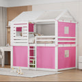 Full Size Bunk Wood House Bed With Tent, Pink White Full Pink White Solid Wood Mdf