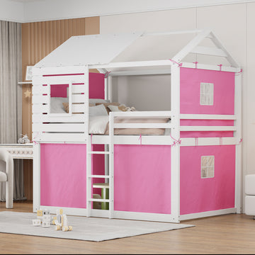 Full Size Bunk Wood House Bed With Tent, Pink White Full Pink White Solid Wood Mdf