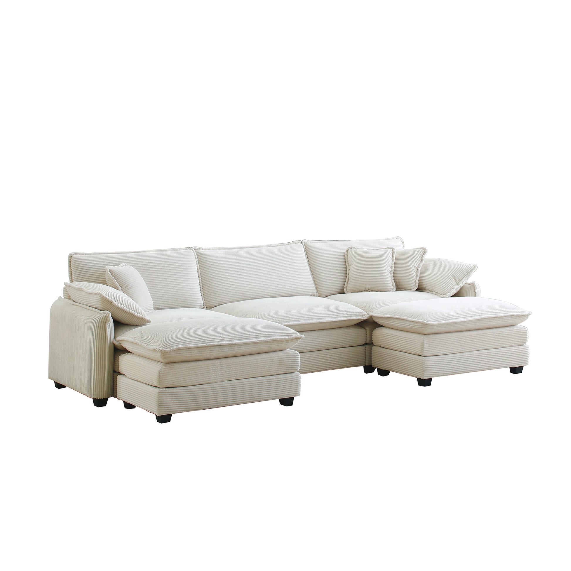Oversized Modular Cushioned Sofa With Conversible Ottoman, 3 Seater Sofa With 2 Footstools, U Shape Sofa In Beige Corduroy Fabric Beige Corduroy 3 Seat