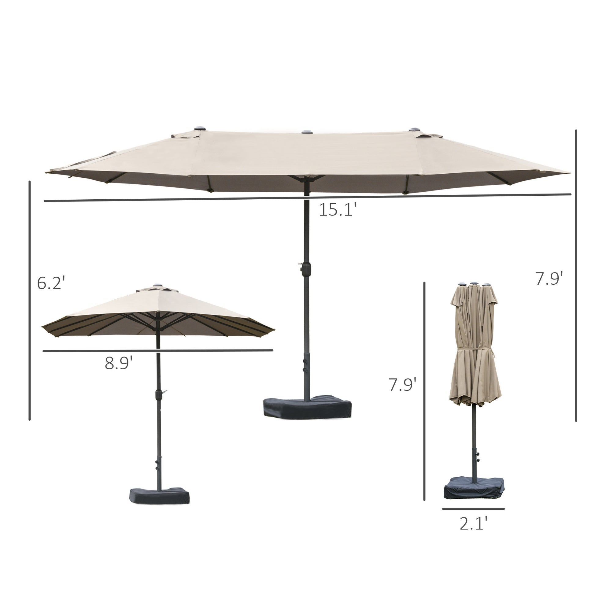 Outsunny Patio Umbrella 15' Steel Rectangular Outdoor Double Sided Market With Base, Sun Protection & Easy Crank For Deck Pool Patio, Coffee Brown Steel