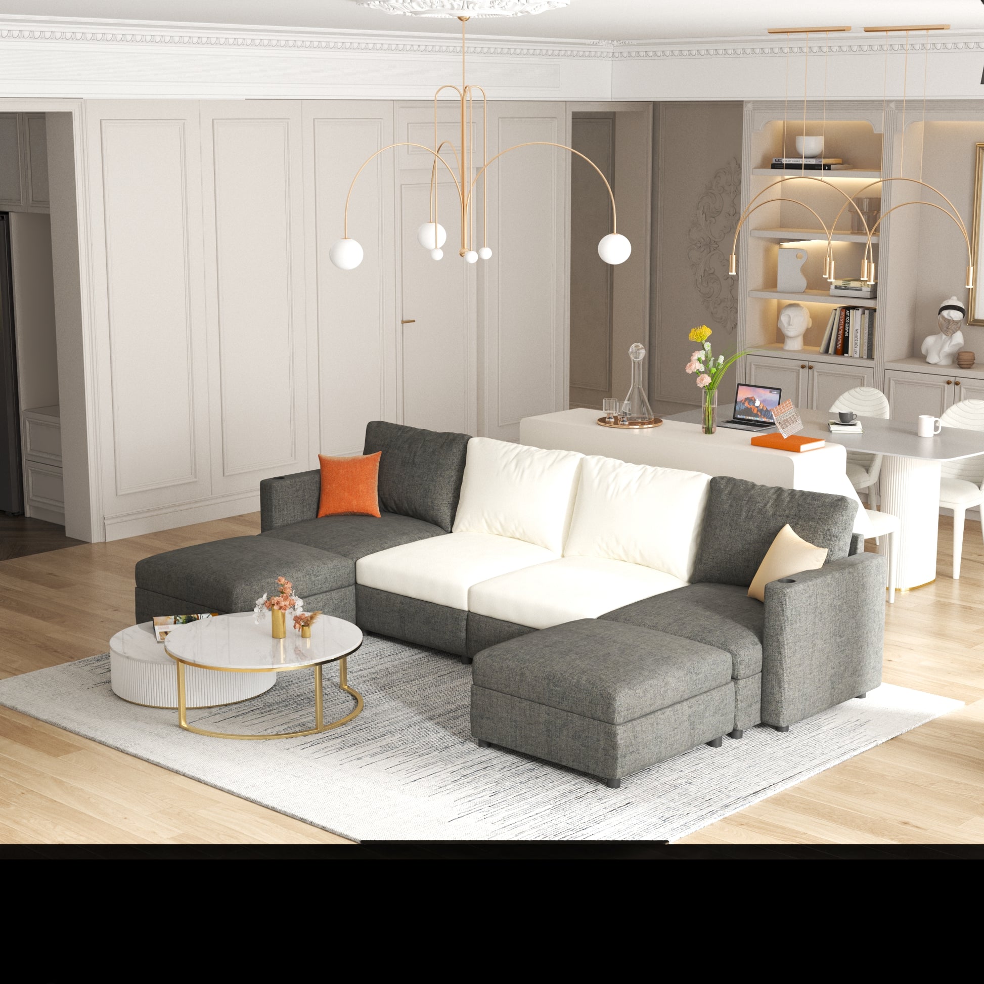 Modern Large Sectional Sofa, U Shape Modular Sectional Couch With Storage Function,123" Sofa Bed With Ottoman,6 Seat Sectionals Chaise For Living Room,Chenille Grey Fabric 6 Seat