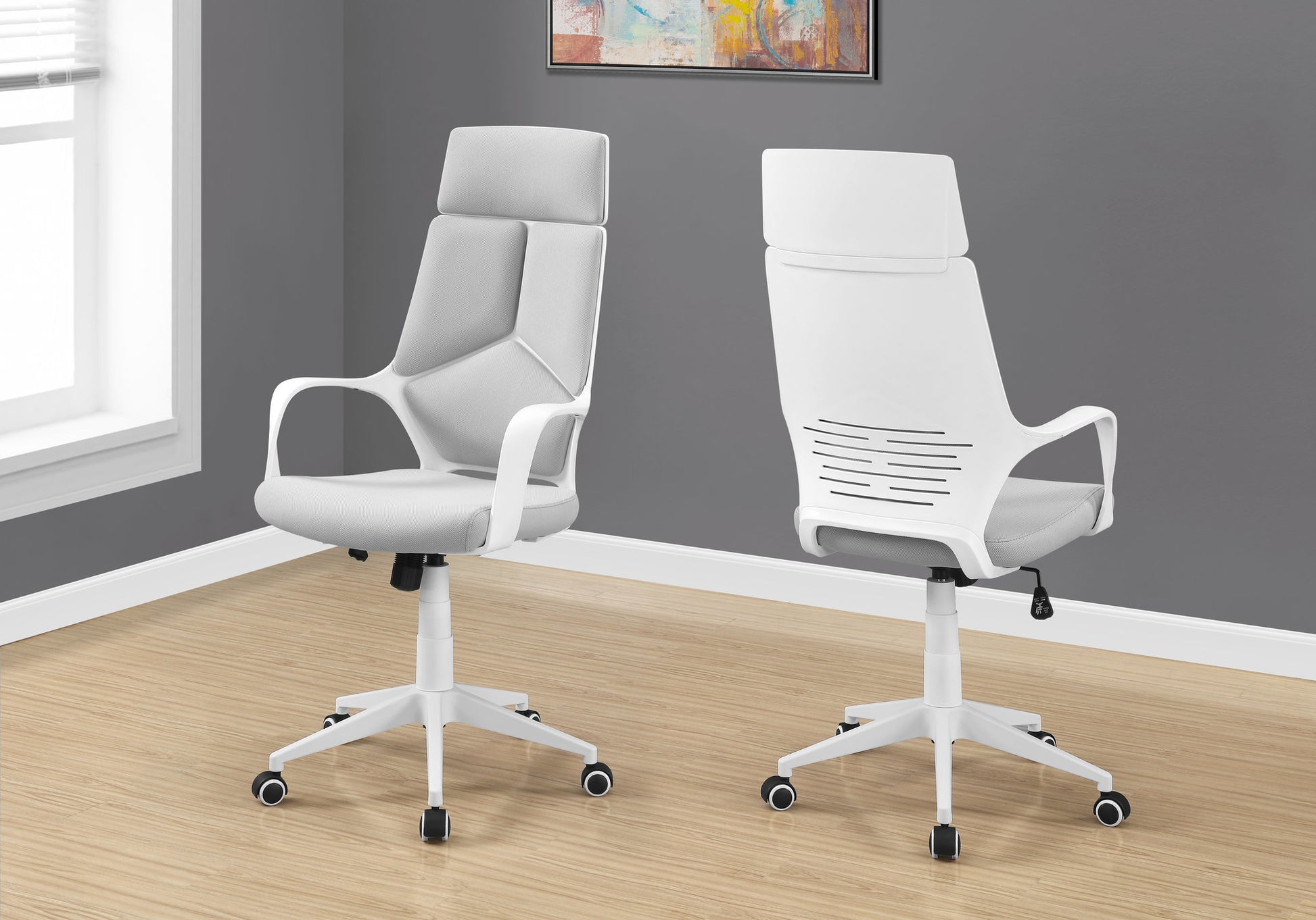 Office Chair, Adjustable Height, Swivel, Ergonomic, Armrests, Computer Desk, Work, Grey Mesh, White Metal, Contemporary, Modern White Foam Polyester