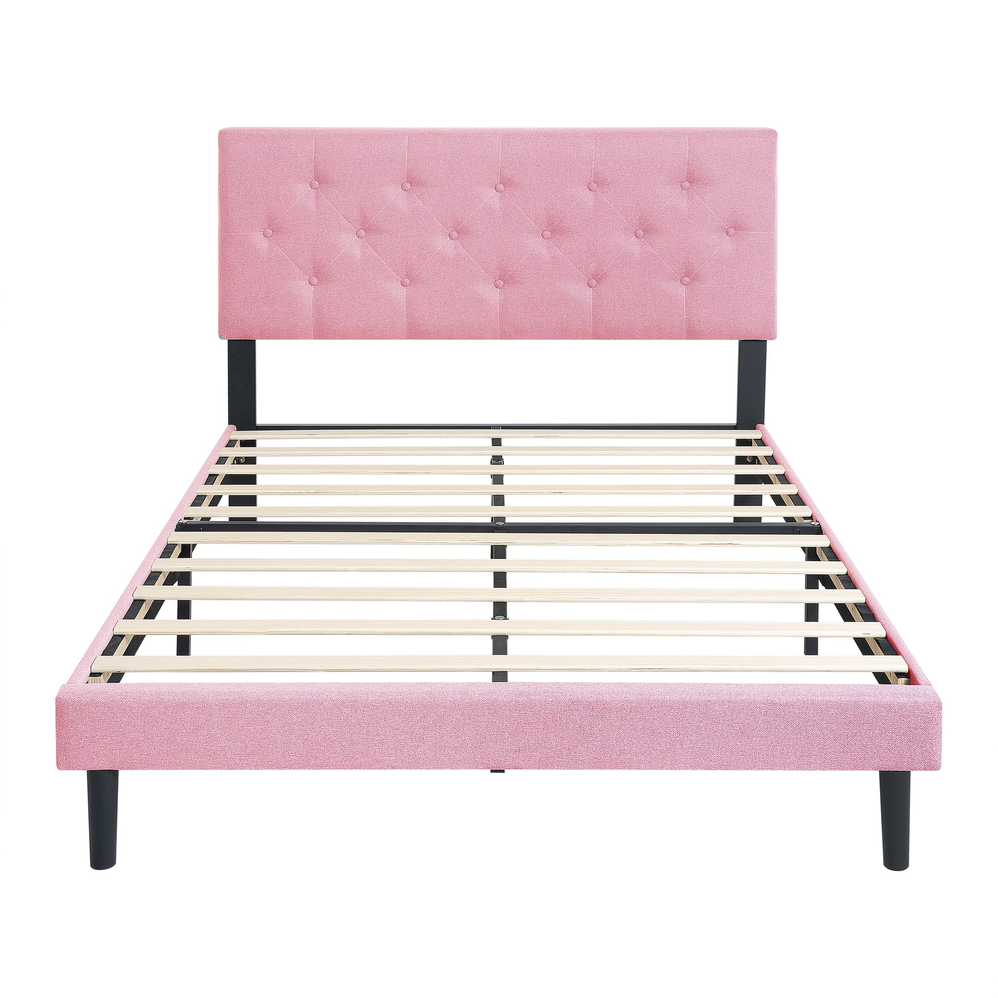 Queen Size Upholstered Platform Bed Frame With Modern Button Tufted Linen Fabric Headboard, No Box Spring Needed, Wood Slat Support, Easy Assembly, Pink Queen Pink Linen