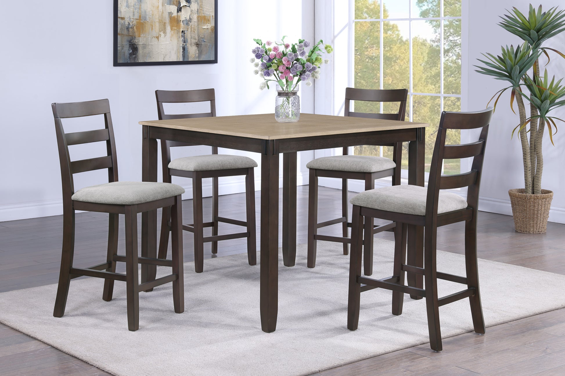 Rustic Farmhouse Transitional 5 Pc Counter Height Dining Set Square Table Wood Top Bottom Display Shelf Linen Look Fabric Upholstery Chair Wooden Dining Room Furniture Light Brown Finish Dinette Wood Wood Brown Ladder Back Gray Seats 4 Wood Dining Room