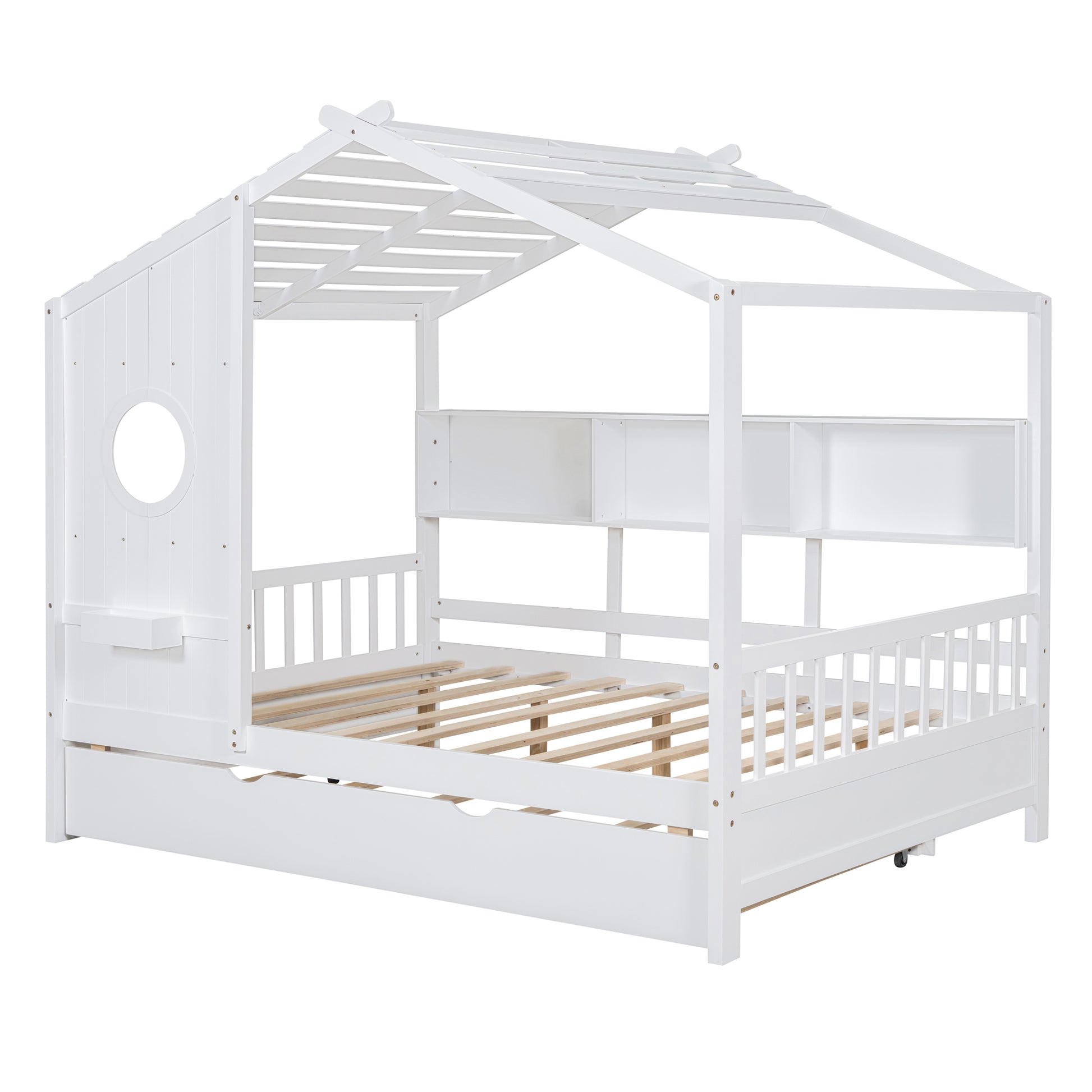 Wooden Full Size House Bed With Trundle, Modern Design For Kids With Storage Shlef, White Full White Solid Wood