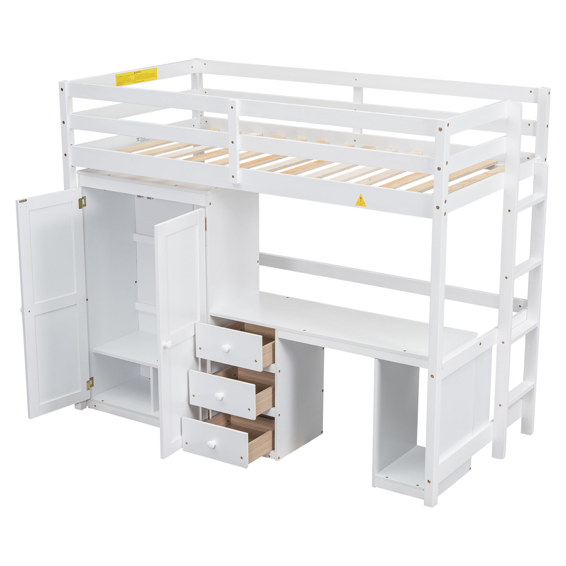 Twin Size Loft Bed With Wardrobe, Desk And Storage Drawers, White Twin White Pine