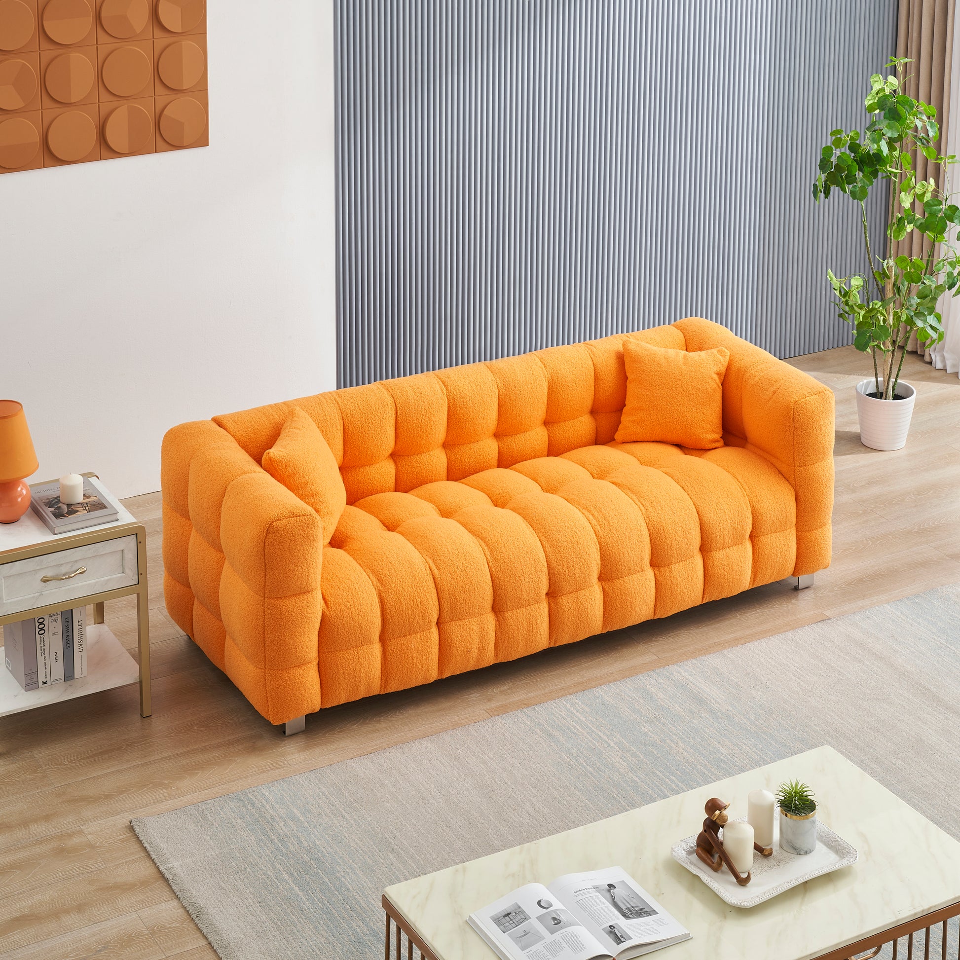 Orange Teddy Fleece Sofa 80 "Discharge In Living Room Bedroom With Two Throw Pillows Hardware Foot Support Orange Polyester Blend 3 Seat