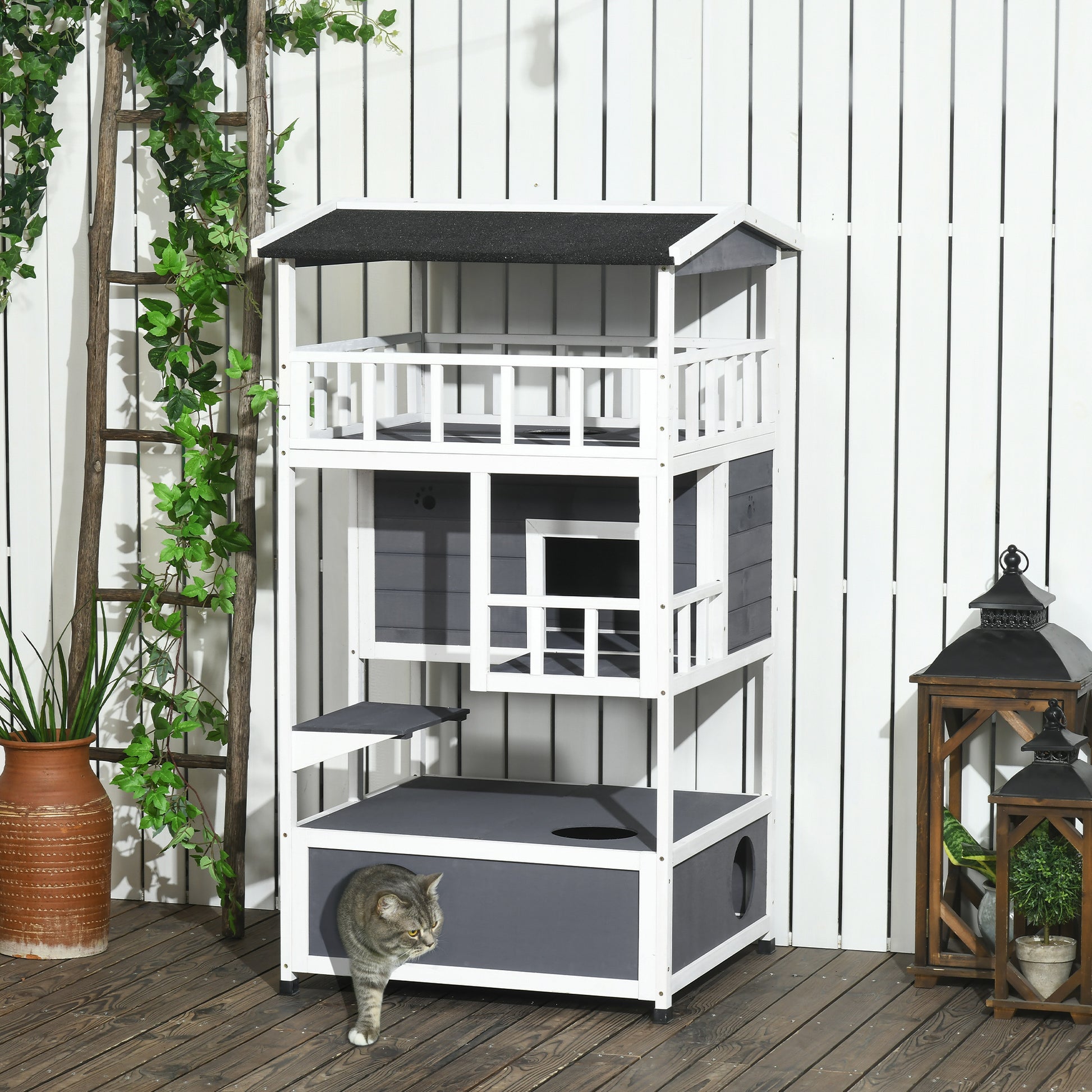 Pawhut Wooden Outdoor Cat House, Feral Cat Shelter Kitten Tree With Asphalt Roof, Escape Doors, Condo, Jumping Platform, Grey Grey Wood