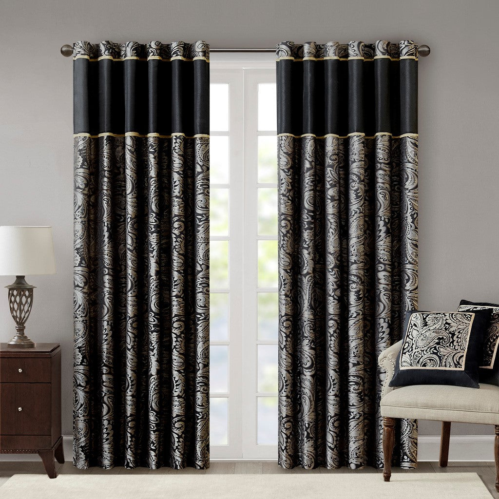 Jacquard Curtain Panel Pair 2 Pcs Window Panels Black Polyester