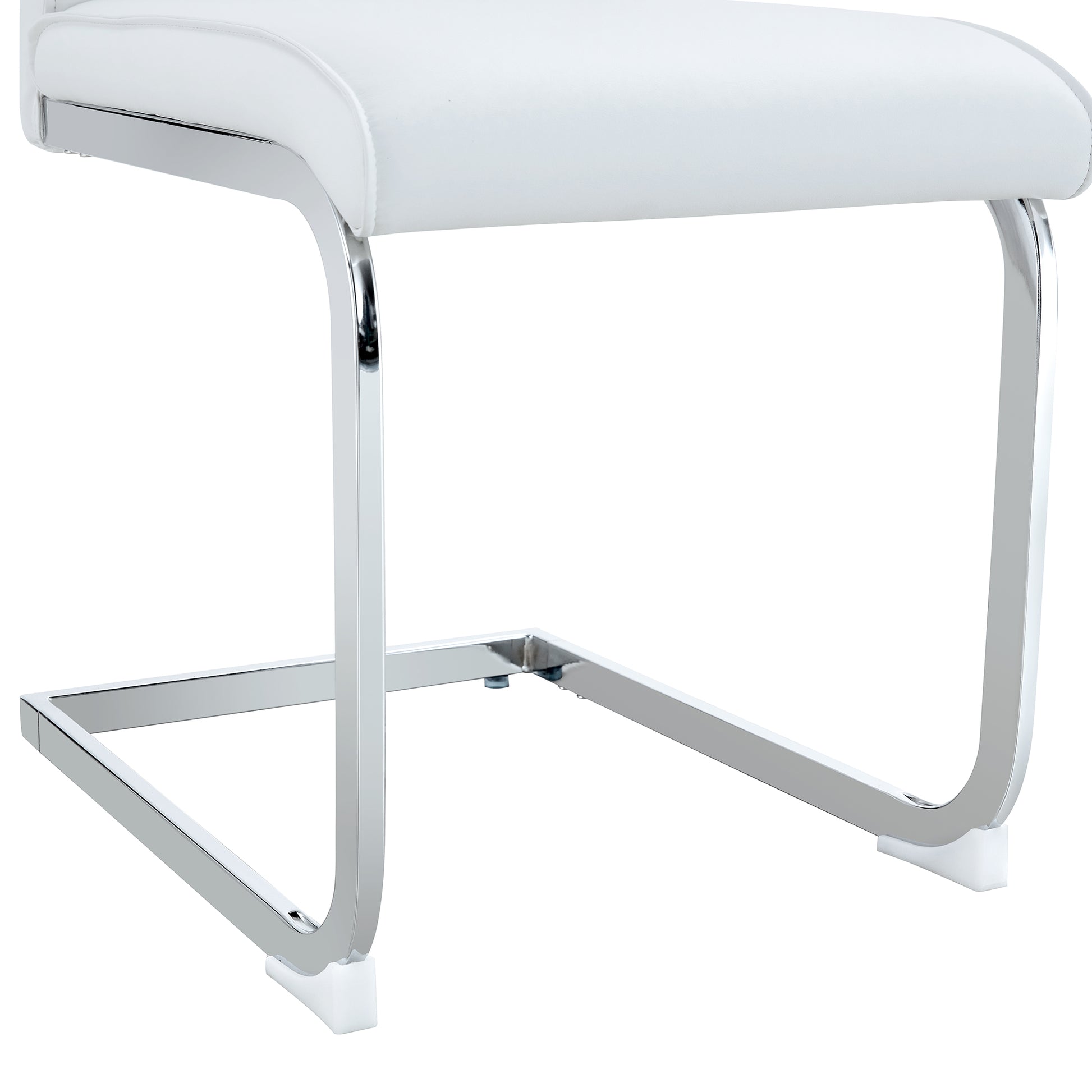 Table And Chair Set.Modern Dining Table,Tempered Glass Tabletop And Silver Colored Leg.Paired With 4 Soft And Comfortable White Pu Chair, Perfect For Dinner, Meetings, Home And Office Decor. White