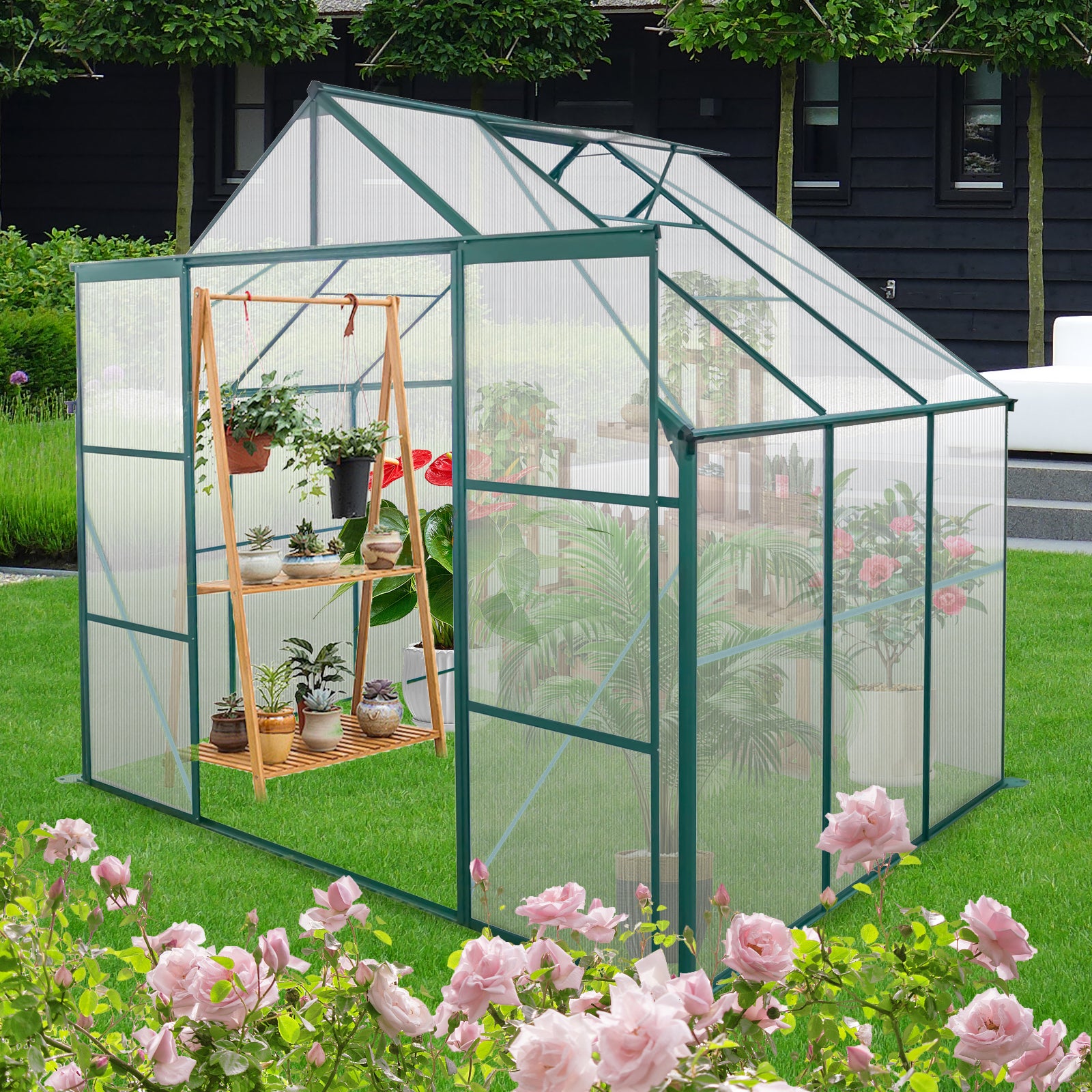 8X6Ft Green Double Door Polycarbonate Greenhouse Raised Base And Anchor Aluminum Heavy Duty Walk In Greenhouses For Outdoor Backyard In All Season Green Aluminum