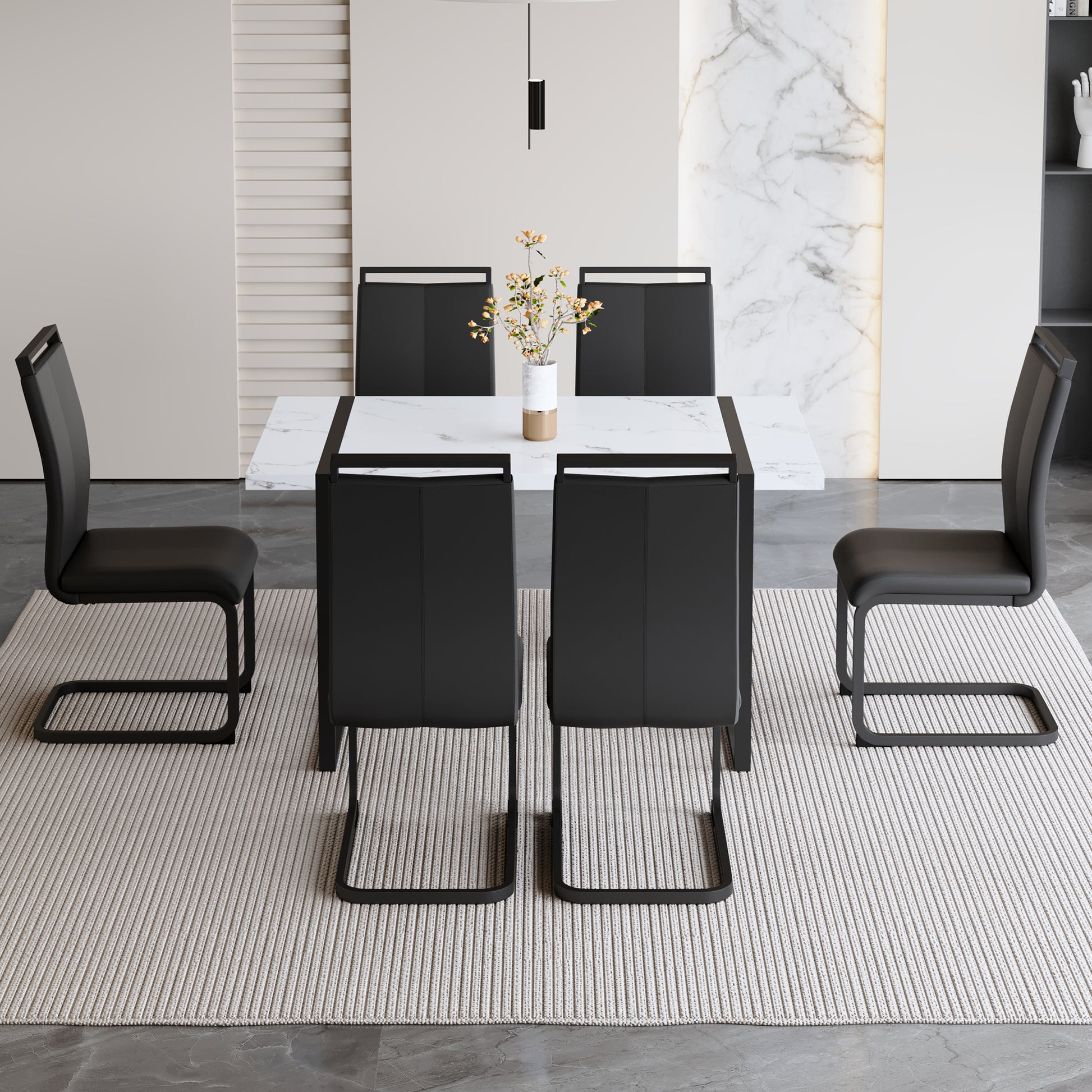 Table And Chair Set.A Modern Minimalist White Marble Veined Mdf Dining Table With Black Metal Frame.Paried With 6 Chairs With Pu Cushions And C Tube Black Metal Legs. White Black Seats 6 Mdf Metal