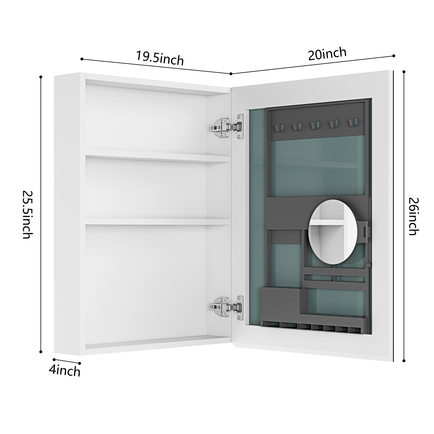 20'' W X 26'' H Surface Frameless Mirror Medicine Cabinet, Beveled Mirror Edges Bathroom Medicine Cabinet, Right Opening Door White Engineered Wood