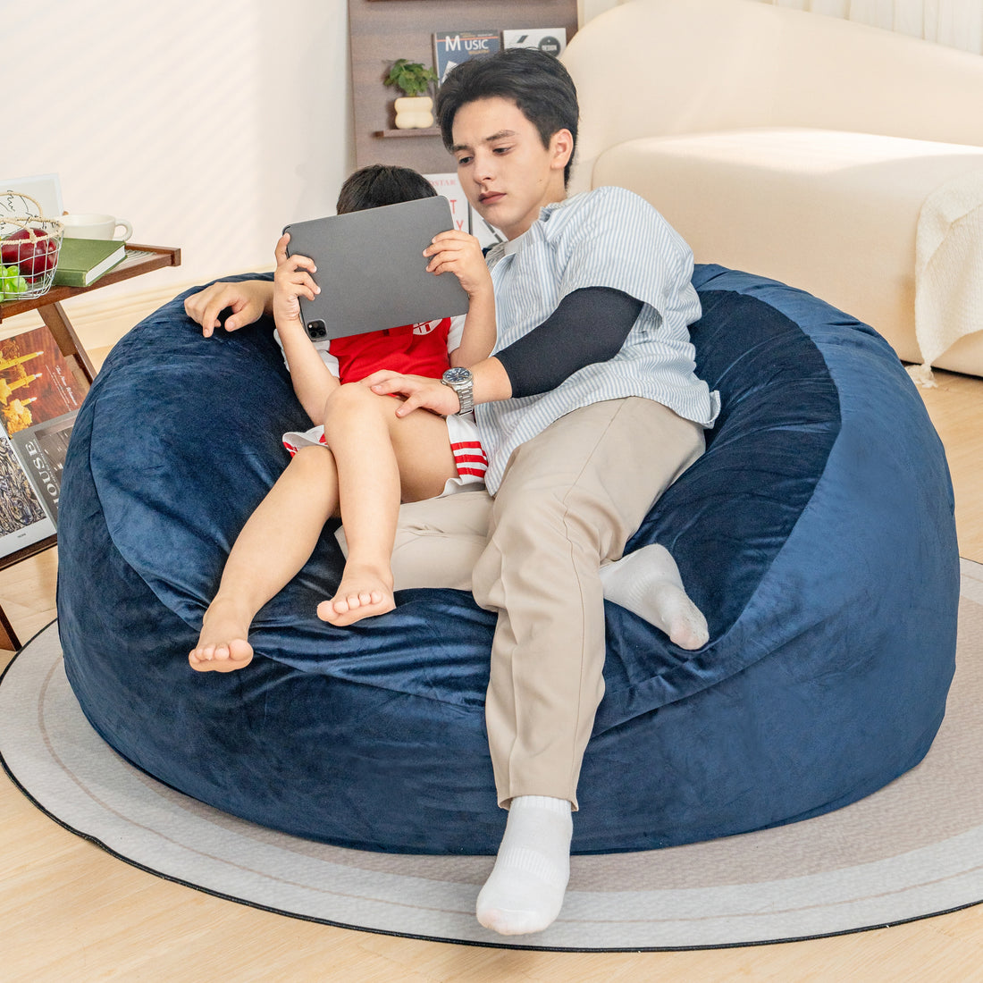 Bean Bag Chair: Giant 5' Memory Foam Furniture Bean Bag Chairs For Adults With Microfiber Cover 5Ft Dark Blue Primary Living Space Soft Casual,Classic,Modern Foam Lychee Velvet